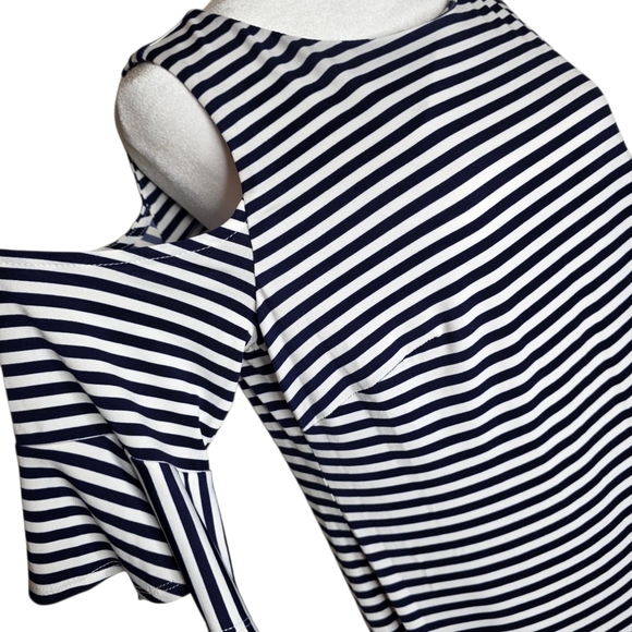 Donna Morgan Blue And White Dress Cold Shoulder Midi Length Size 8 - Picture 3 of 7